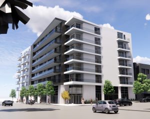 Building rendering showing a grey modern building with white accent walls.